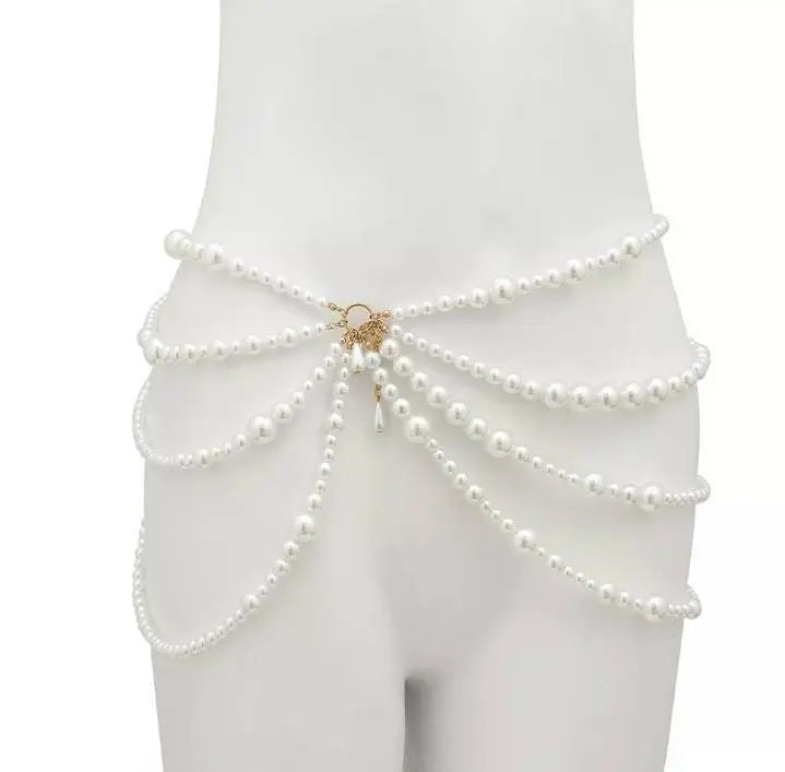 Imitation Pearls Chest Body Chain Jewelry for Women Teen Girls Handmade Pearl Tassel Bra Waist Set JettsJewelers