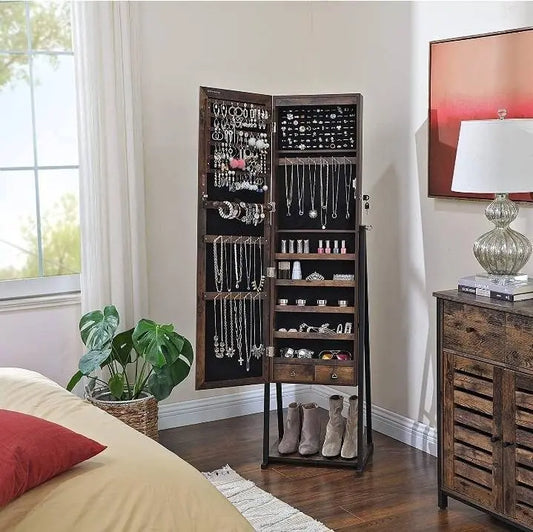 Industrial Mirror Jewelry Cabinet Armoire,6 LEDs Mirrored Jewelry Storage, Wood Look with Stable Metal Frame, Easy Assembly, Rustic Brown JettsJewelers