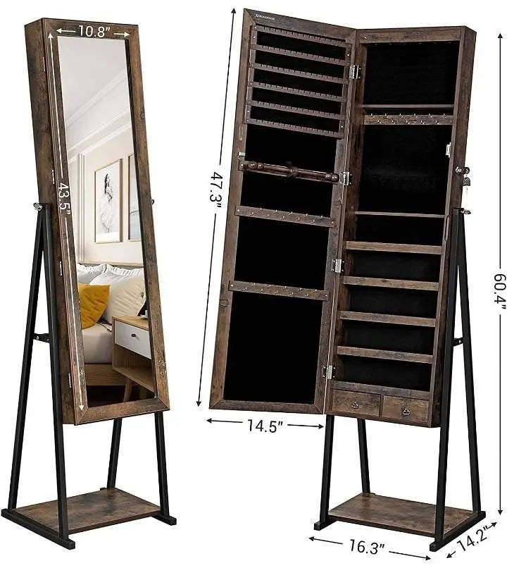 Industrial Mirror Jewelry Cabinet Armoire,6 LEDs Mirrored Jewelry Storage, Wood Look with Stable Metal Frame, Easy Assembly, Rustic Brown JettsJewelers