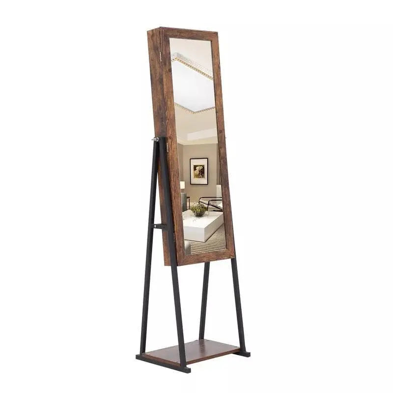 Industrial Mirror Jewelry Cabinet Armoire,6 LEDs Mirrored Jewelry Storage, Wood Look with Stable Metal Frame, Easy Assembly, Rustic Brown JettsJewelers