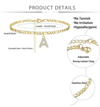 Initial Anklet, Custom Ankle Bracelet, A - Z Crystal Cubic Zirconia Letter Anklet, Leg Gold Chain, Anklebone Beauty, Personalized - JettsJewelers