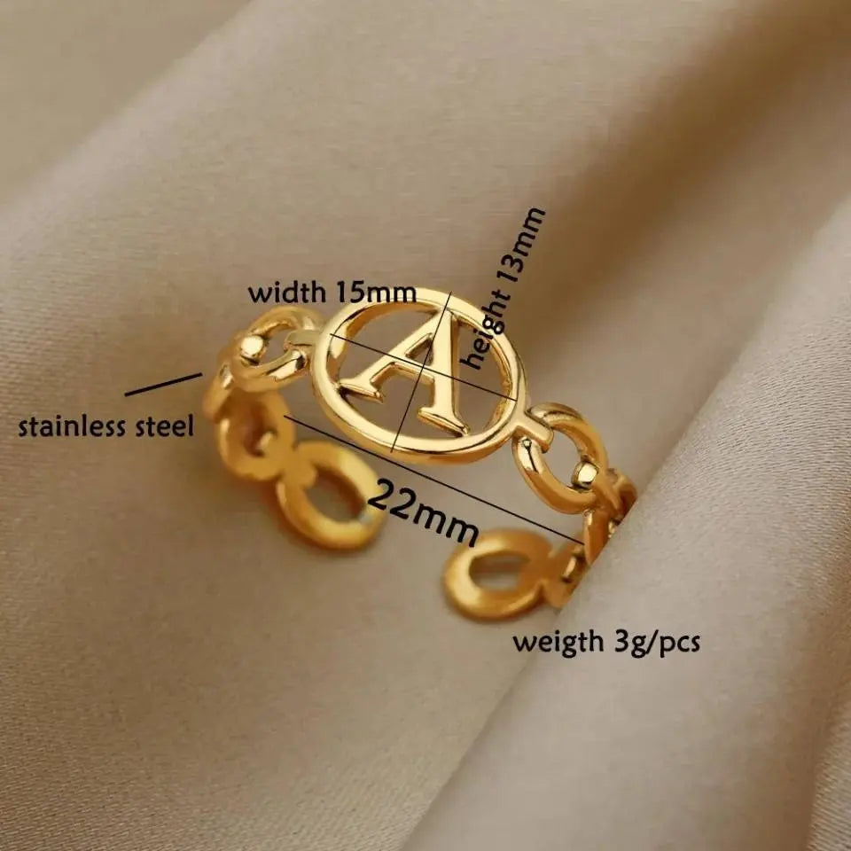 Initial Letter Rings Stainless Steel Gold Adjustable Couple Female Ring Boho Jewelry A-Z JettsJewelers