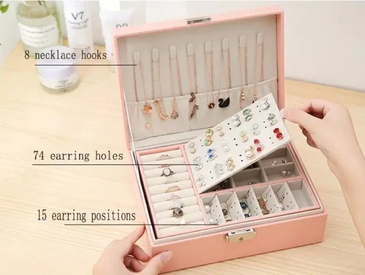 Jewelry Box Women Girl Girlfriend Wife Ideal Gift, Large Leather Jewelry Organizer Storage Case with Two Layers - JettsJewelers