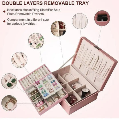 Jewelry Box Women Girl Girlfriend Wife Ideal Gift, Large Leather Jewelry Organizer Storage Case with Two Layers - JettsJewelers