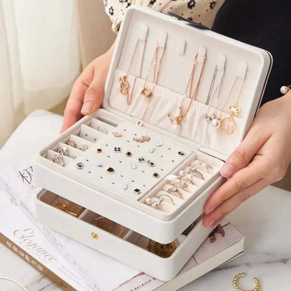 Jewelry Box Women Girls Girlfriend Wife Ideal Gift, Medium PU Leather Jewelry Organizer Storage Case with Two Layers Display - JettsJewelers
