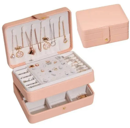 Jewelry Box Women Girls Girlfriend Wife Ideal Gift, Medium PU Leather Jewelry Organizer Storage Case with Two Layers Display - JettsJewelers