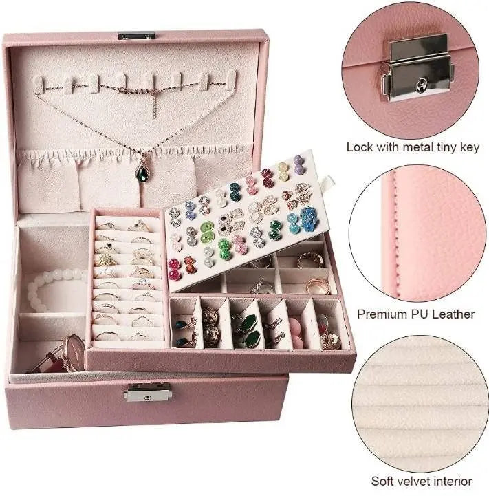 Jewelry Box for Women Girls Girlfriend Wife Ideal Gift, Large Leather Jewelry Organizer Storage Case with Two Layers Display - JettsJewelers
