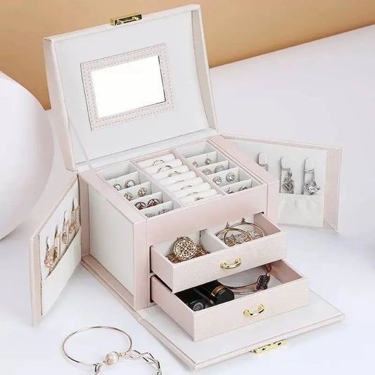 Jewelry Box, Travel Jewelry Case, Compact Jewelry Organizer with 2 Drawers, Mirror, Lockable with Key - JettsJewelers