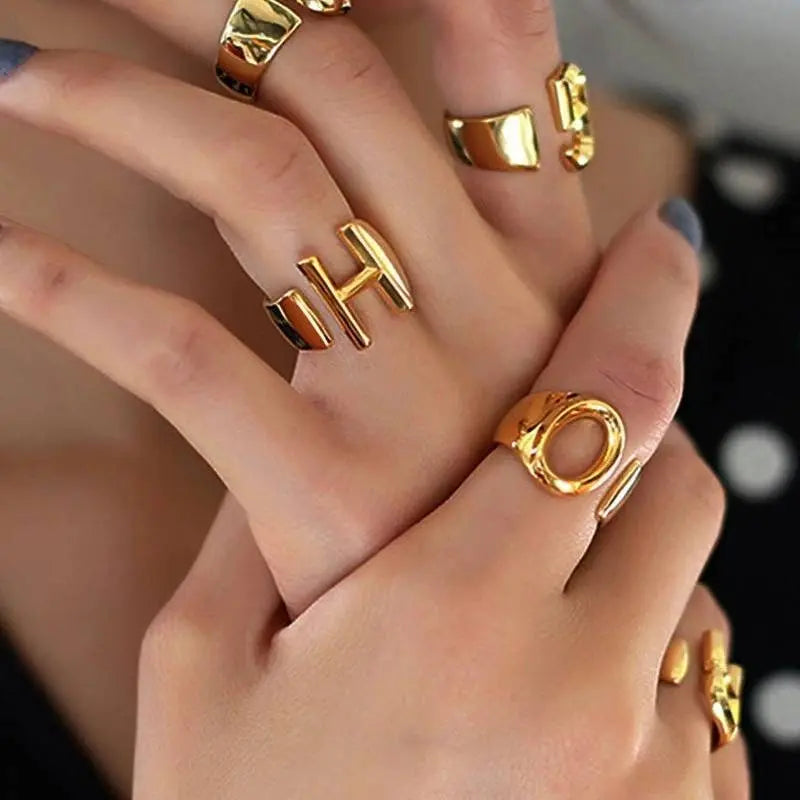 Jewelry Personalized 18k Gold Bold Initial Letter Open Ring Adjustable, Women Statement Rings Party, Womens Signet Ring - JettsJewelers