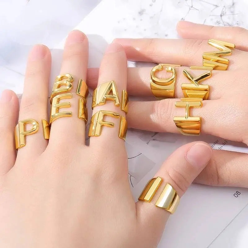 Jewelry Personalized 18k Gold Bold Initial Letter Open Ring Adjustable, Women Statement Rings Party, Womens Signet Ring - JettsJewelers