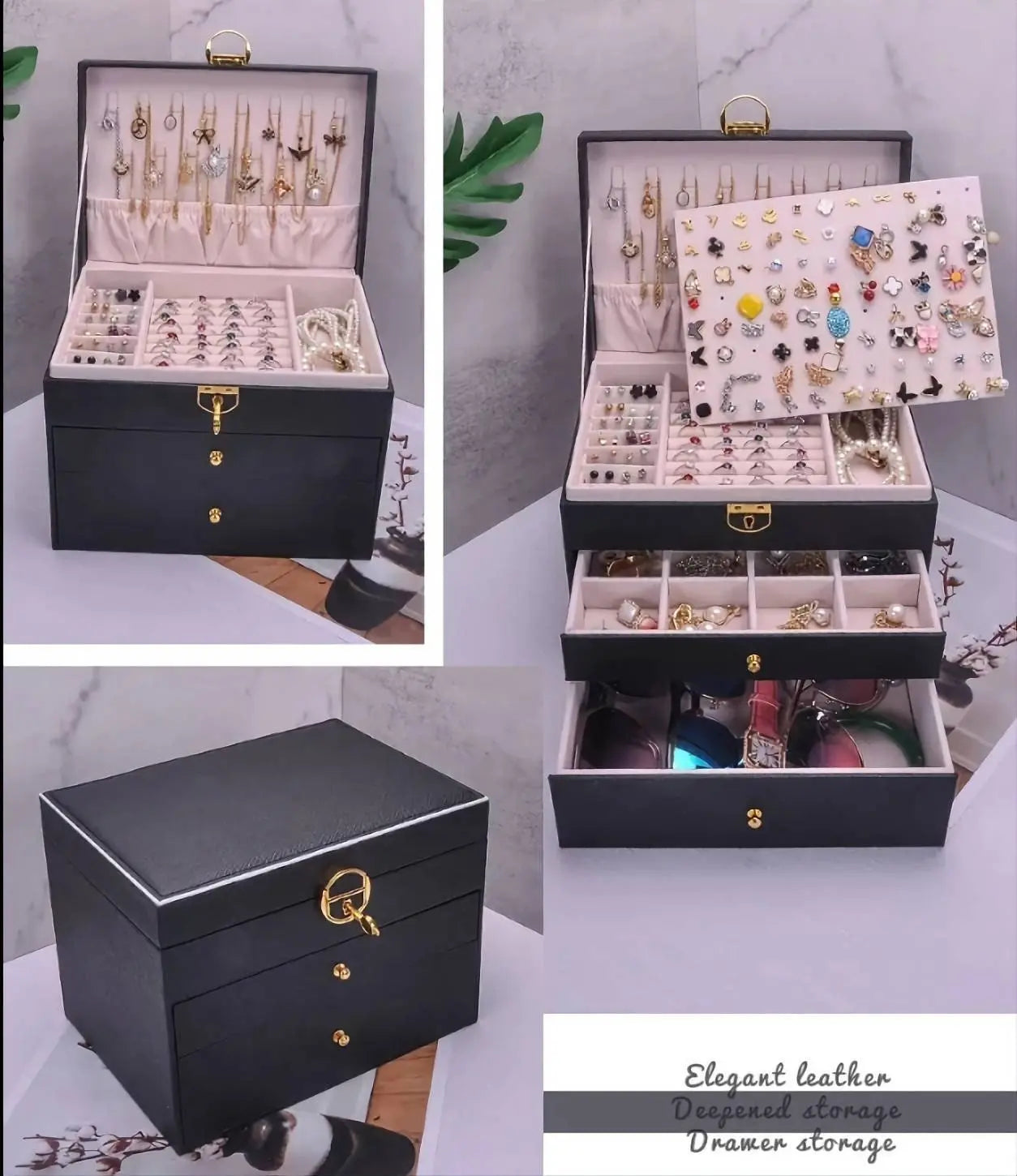 Large Jewelry box for Woman Layer Large Jewelry Storage Case, PU Leather Jewellery Organizer Holder with Lock Removable Ring and Earring JettsJewelers