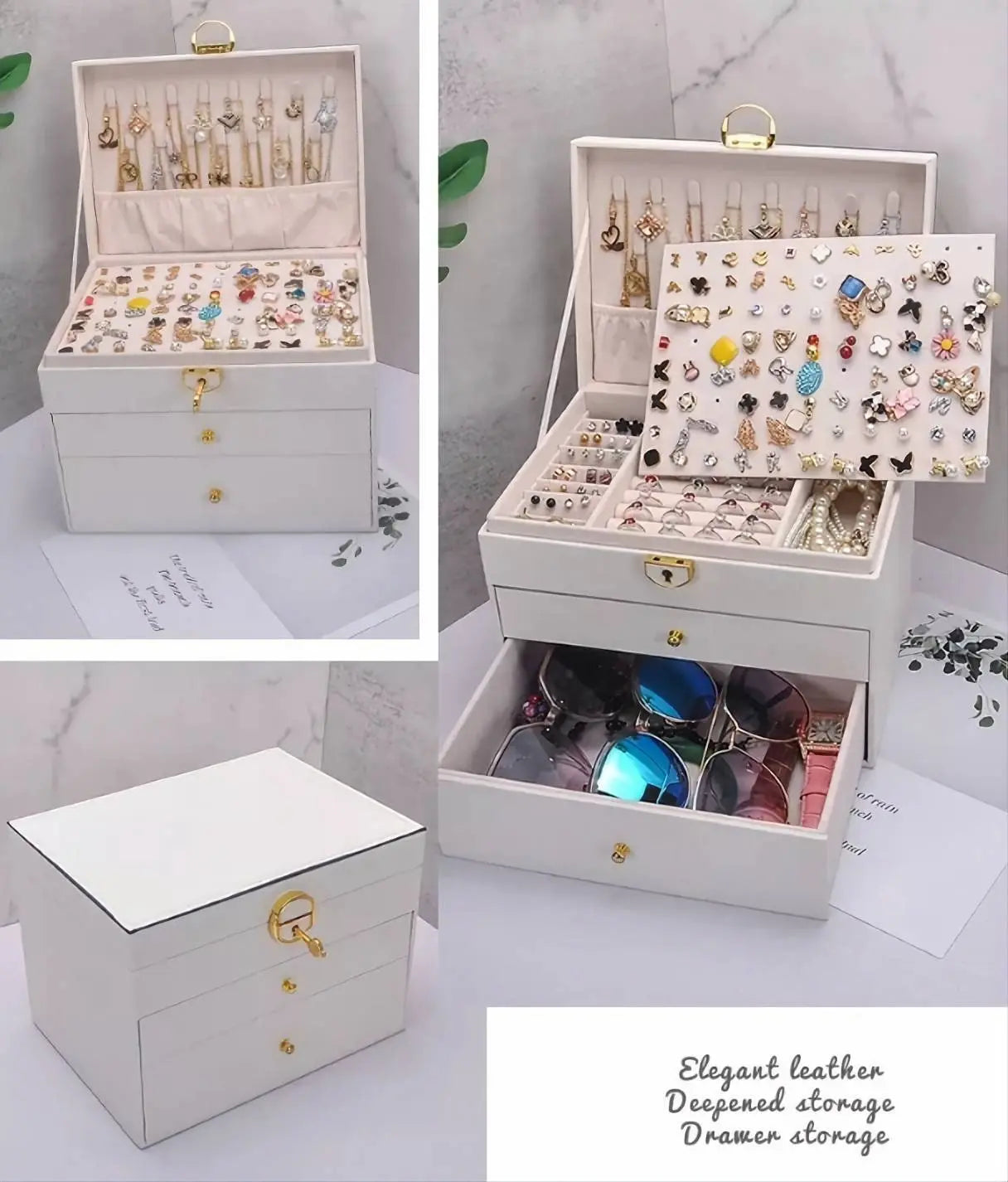 Large Jewelry box for Woman Layer Large Jewelry Storage Case, PU Leather Jewellery Organizer Holder with Lock Removable Ring and Earring JettsJewelers