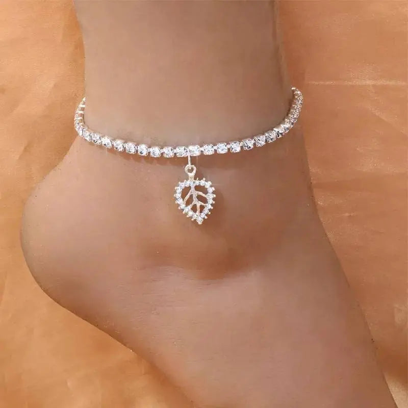 Leaf Rhinestones Anklet Foot Jewelry for Women Beach Barefoot Chain Bracelet On the Leg Accessories Gift - JettsJewelers