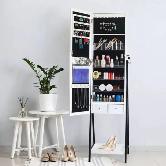 Led Mirror Jewelry Cabinet Armoire,  Mirrored Jewelry Storage, Wood Look with Stable Metal Frame, Easy Assembly, White JettsJewelers