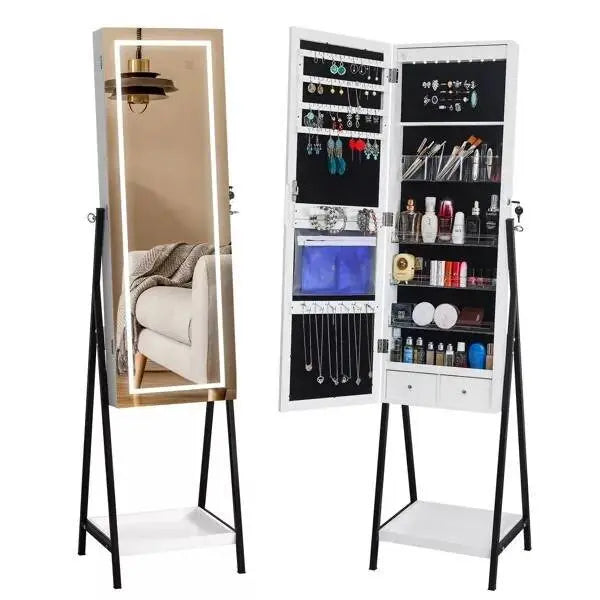 Led Mirror Jewelry Cabinet Armoire,  Mirrored Jewelry Storage, Wood Look with Stable Metal Frame, Easy Assembly, White JettsJewelers