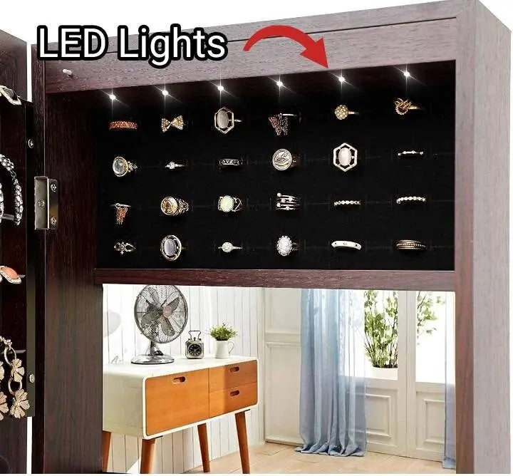Lockable Jewelry Cabinet, Standing Jewelry Armoire with 6 LED Interior Lights, 3 Angle Adjustments, Full-Length Mirror Jewelry Box for Woman - JettsJewelers