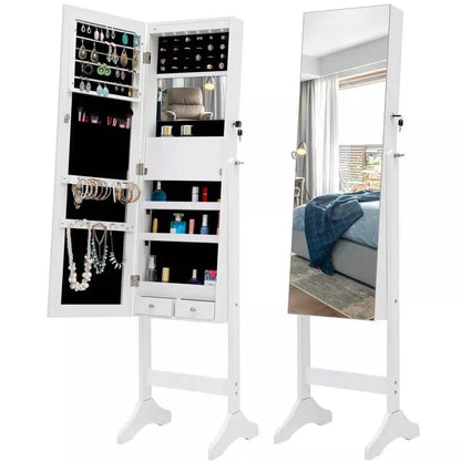 Lockable Jewelry Cabinet, Standing Jewelry Armoire with 6 LED Interior Lights, 3 Angle Adjustments, Full-Length Mirror Jewelry Box for Woman - JettsJewelers