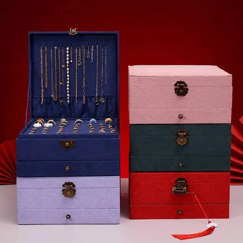 Lockable Jewelry Organizer 3 Layers Velvet Square Jewelry Box for Woman Necklace Ear Rings Studs Display Bangles Large Jewelry Storage Case - JettsJewelers