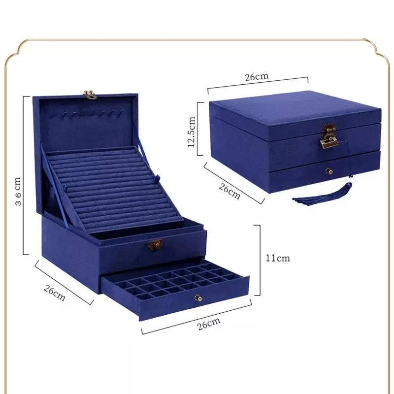 Lockable Jewelry Organizer 3 Layers Velvet Square Jewelry Box for Woman Necklace Ear Rings Studs Display Bangles Large Jewelry Storage Case - JettsJewelers