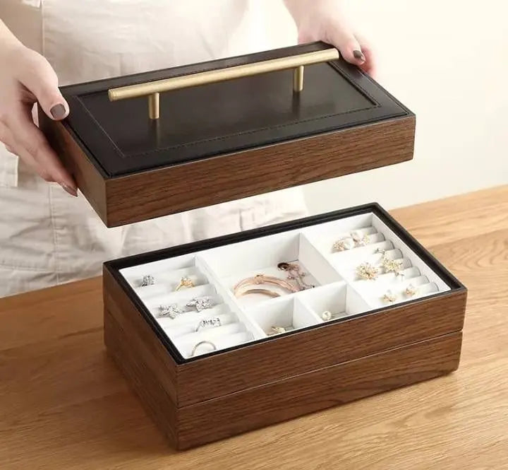 Luxury Jewelry Box for Woman Girls Girlfriend Wife Ideal Gift, Large Faux Wood Jewelry Organizer Storage Case with Three Stackable Display JettsJewelers