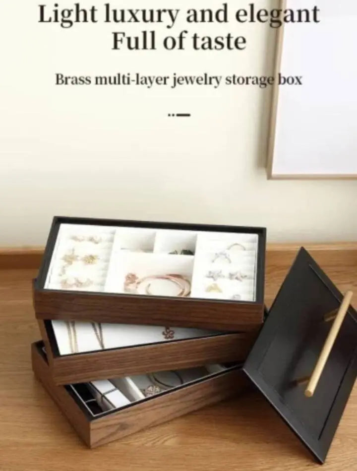 Luxury Jewelry Box for Woman Girls Girlfriend Wife Ideal Gift, Large Faux Wood Jewelry Organizer Storage Case with Three Stackable Display JettsJewelers