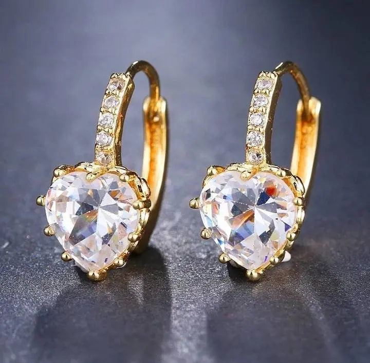 Luxury Love Heart Rhinestone Gold  Silver Plated Leverback Hoop Earrings - JettsJewelers