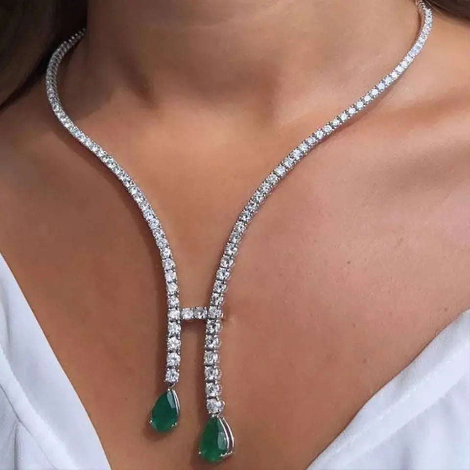 Luxury Vintage Zircon Green Choker Gold and Silver Necklace Tassel Collar Necklace JettsJewelers