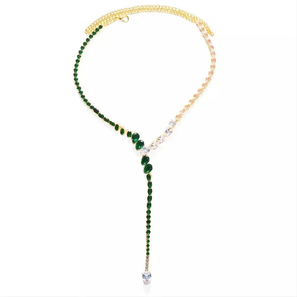 Luxury Zircon Green Choker Gold and Silver Necklace Y Crystal Collar Necklace JettsJewelers