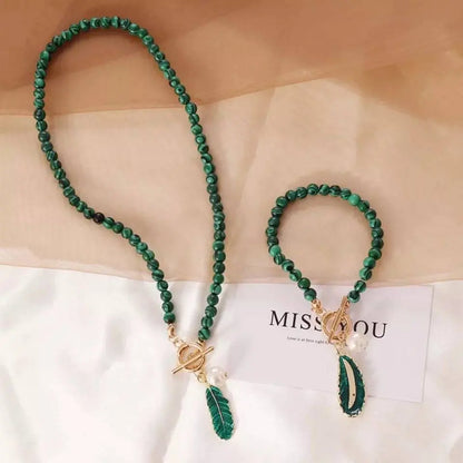 Malachite Beads Green Leaf Pearl Necklace for Women Fashion Personality Metal Buckle Choker Jewelry with Bracelet JettsJewelers