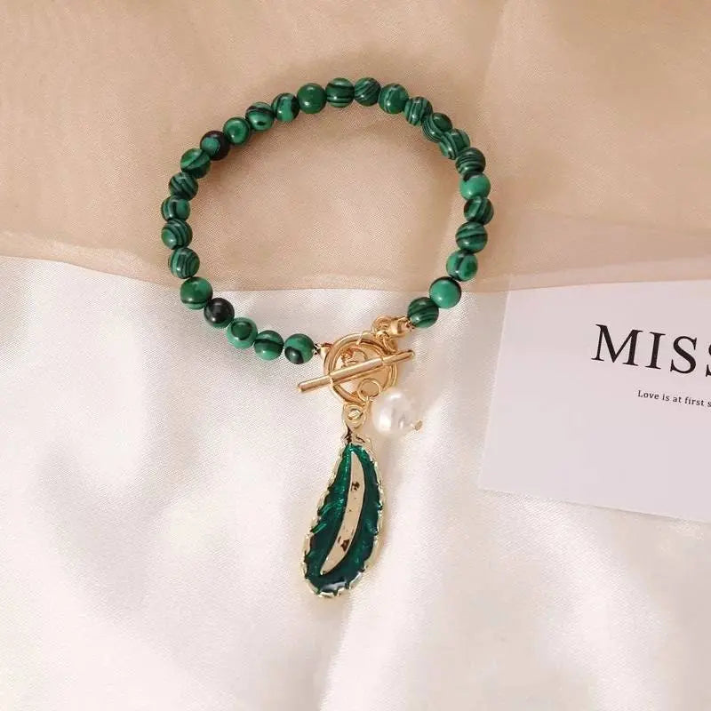 Malachite Beads Green Leaf Pearl Necklace for Women Fashion Personality Metal Buckle Choker Jewelry with Bracelet JettsJewelers
