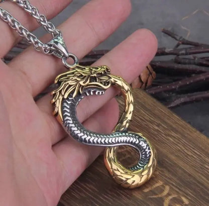 Men Stainless steel Viking Valknut Amulet dragon Pendant Necklace Ouroboros Nordic - JettsJewelers