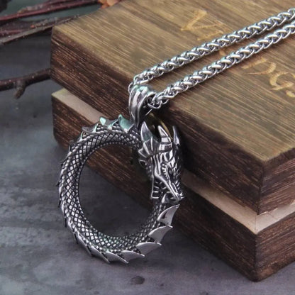 Men Stainless steel Viking Valknut Amulet dragon Pendant Necklace Ouroboros Nordic - JettsJewelers