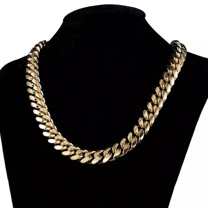 Miami Cuban Link Chain 14K REAL Gold Plated Hypoallergenic Hip Hop Jewelry Premium Stainless Steel Necklace For Men Women - JettsJewelers