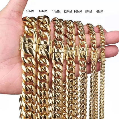 Miami Cuban Link Chain 14K REAL Gold Plated Hypoallergenic Hip Hop Jewelry Premium Stainless Steel Necklace For Men Women - JettsJewelers