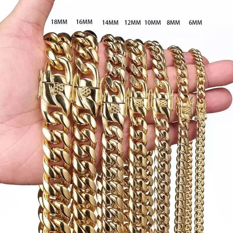 Miami Cuban Link Chain 14K REAL Gold Plated Hypoallergenic Hip Hop Jewelry Premium Stainless Steel Necklace For Men Women - JettsJewelers