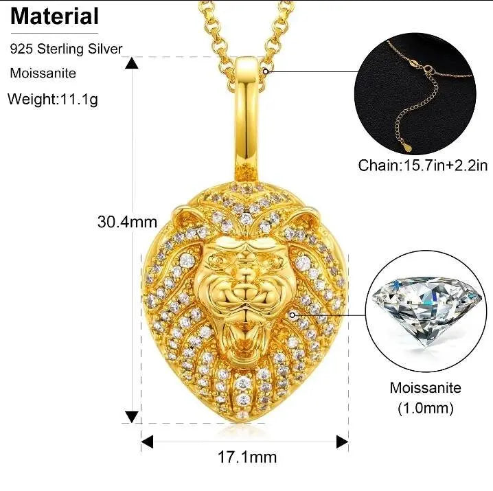 Moissanite 925 Sterling Silver Iced Lion King Pendant Necklace Passes Diamond Test JettsJewelers