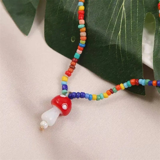 Mushroom Necklace Set for Women Men Girls, Bohemian Beach Mushroom Color Bead Mushroom Necklace Jewelry - JettsJewelers