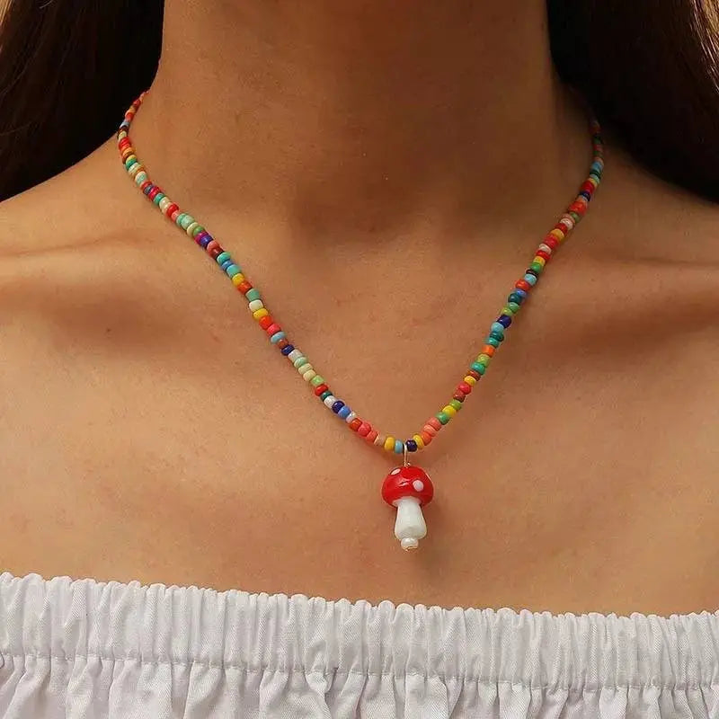 Mushroom Necklace Set for Women Men Girls, Bohemian Beach Mushroom Color Bead Mushroom Necklace Jewelry - JettsJewelers