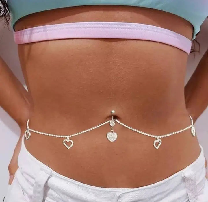 Navel Piercing Heart Waist Chain Rhinestone Belly Chains Belt Summer Beach Costume Crystal Body Jewelry for Women and Girls Silver Gold - JettsJewelers