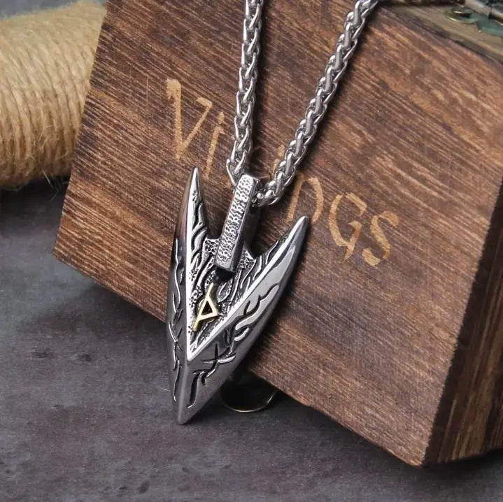 Odin Spear and Viking Gungnir Iron and Gold Color Viking Spear Head Necklace JettsJewelers