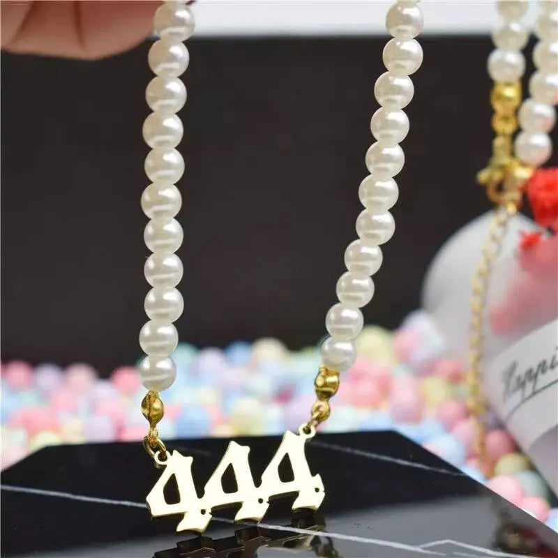 Pearl Angel Number Necklace 111 222 333 444 555 666 777 888 999 Necklace Silver Old English Gold Number Necklace Stainless Steel Numerology JettsJewelers