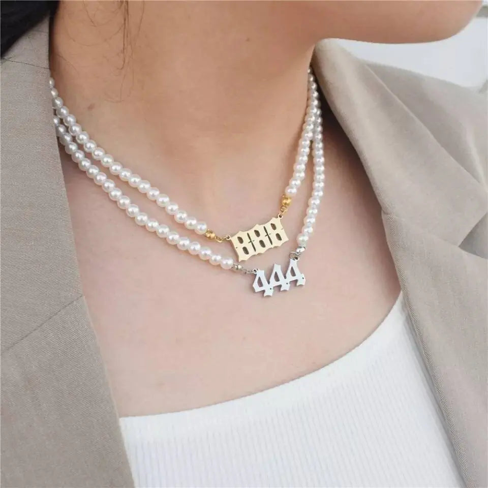 Pearl Angel Number Necklace 111 222 333 444 555 666 777 888 999 Necklace Silver Old English Gold Number Necklace Stainless Steel Numerology JettsJewelers