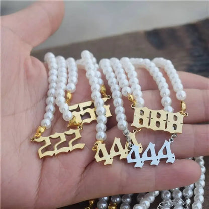 Pearl Angel Number Necklace 111 222 333 444 555 666 777 888 999 Necklace Silver Old English Gold Number Necklace Stainless Steel Numerology JettsJewelers