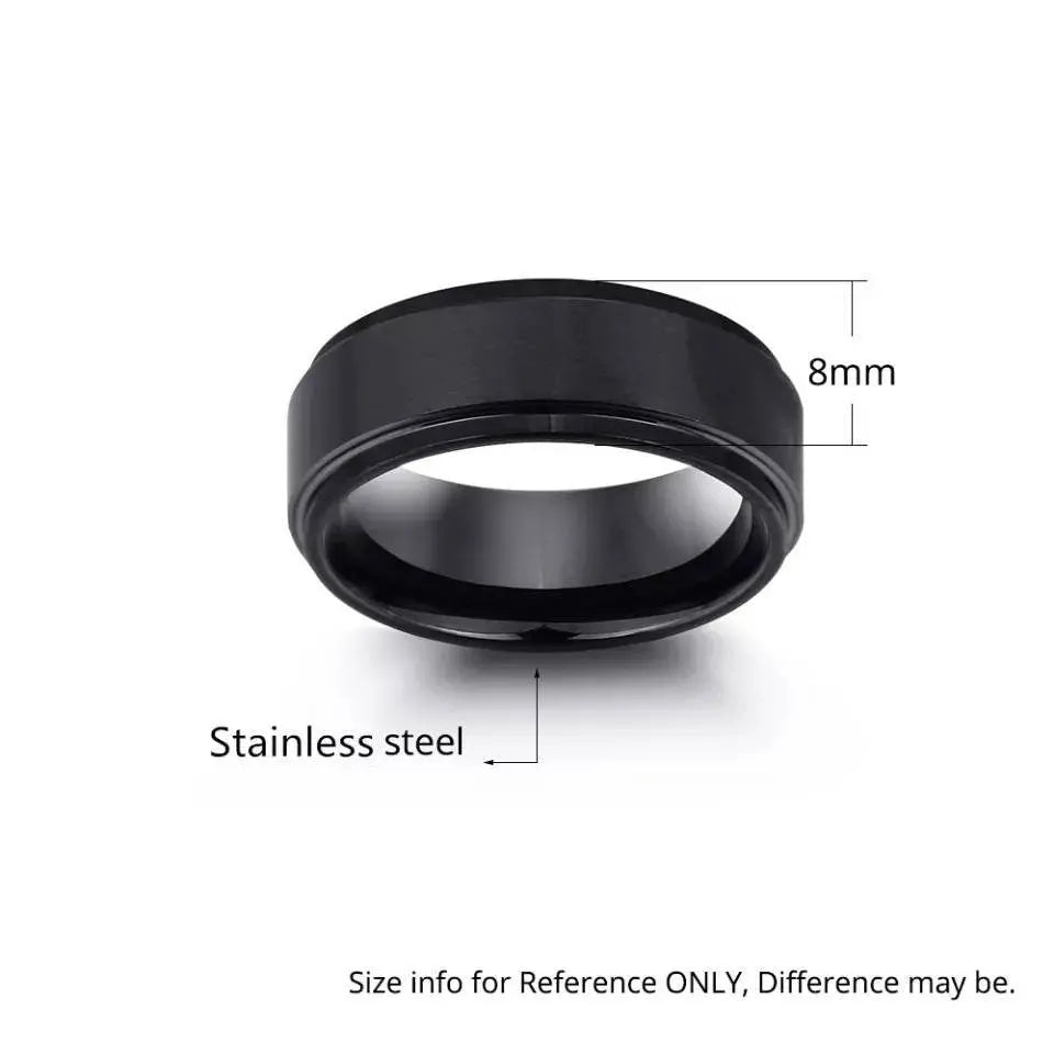 Personalized Men 8mm Black Silver Matte Brushed Stainless Steel Ring Stepped Beveled Edge Polished Laser Etched I Love You