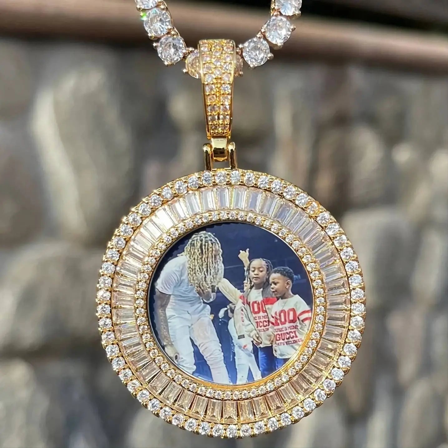 Picture Bling Necklace Personalized for Men Women, 18K Gold/Platinum Plated/Black AAA CZ Medallion Customized Photo Memory Pendant JettsJewelers
