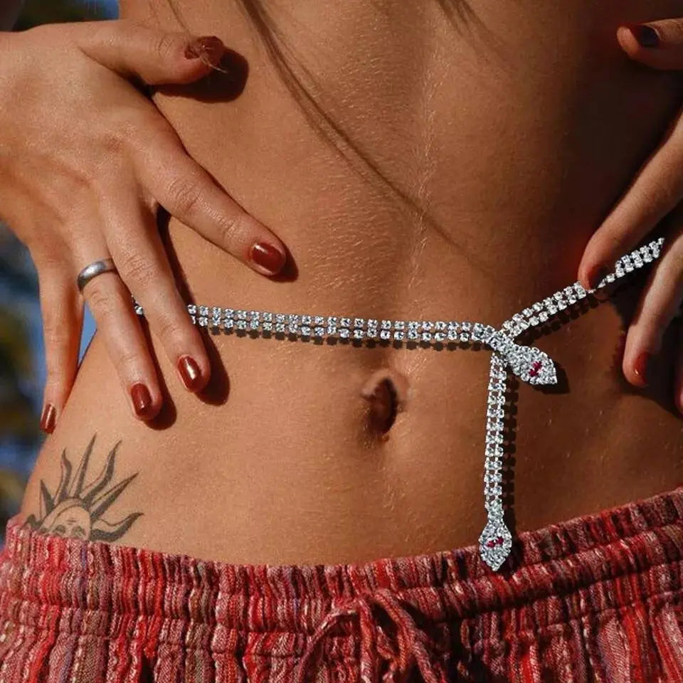 Red Eye Snake Waist Chain Rhinestone Belly Chains Belt Summer Beach Costume Crystal Body Jewelry for Women and Girls Silver Gold JettsJewelers