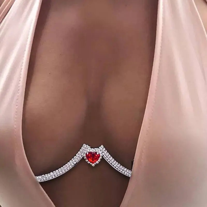 Rhinestone Bra Body Chain Sexy Bikini Silver Gold Beauty Red Heart Chest Bracket Bras Chain Nightclub and Partying Body Jewelry for Women JettsJewelers