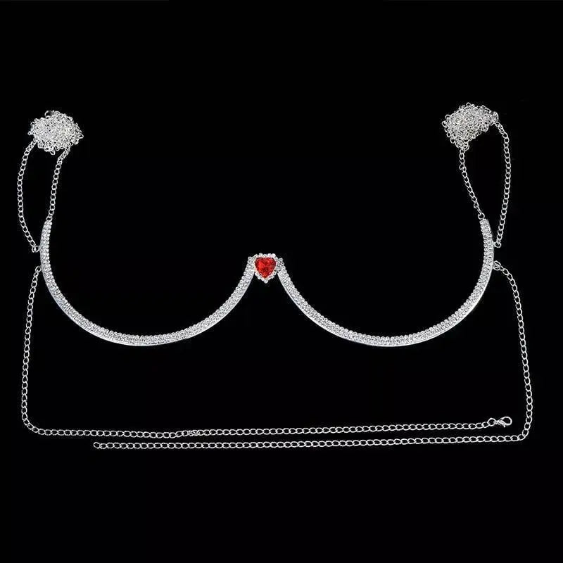 Rhinestone Bra Body Chain Sexy Bikini Silver Gold Beauty Red Heart Chest Bracket Bras Chain Nightclub and Partying Body Jewelry for Women JettsJewelers