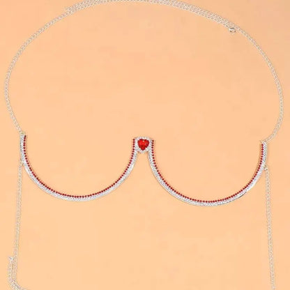Rhinestone Bra Body Chain Sexy Bikini Silver Gold Beauty Red Heart Chest Bracket Bras Chain Nightclub and Partying Body Jewelry for Women JettsJewelers