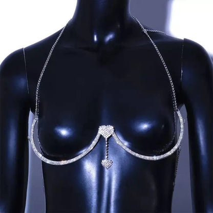 Rhinestone Bra Body Chain Sexy Bikini Silver Gold Beauty Two Hearts Chest Bracket Bras Chain and Partying Body Jewelry for Women JettsJewelers